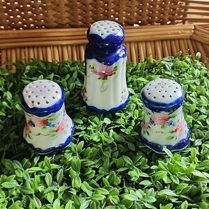 Vintage Cobalt Blue & Handpainted Floral Salt, Pepper & Cinnamon Shakers